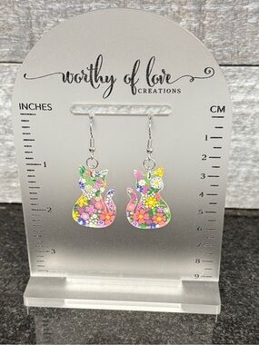 Floral print cat earrings stainless steel and acrylic New Handmade